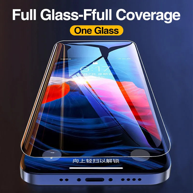 Four transparent tempered glass screen protectors for Apple iPhone models on a clean surface.