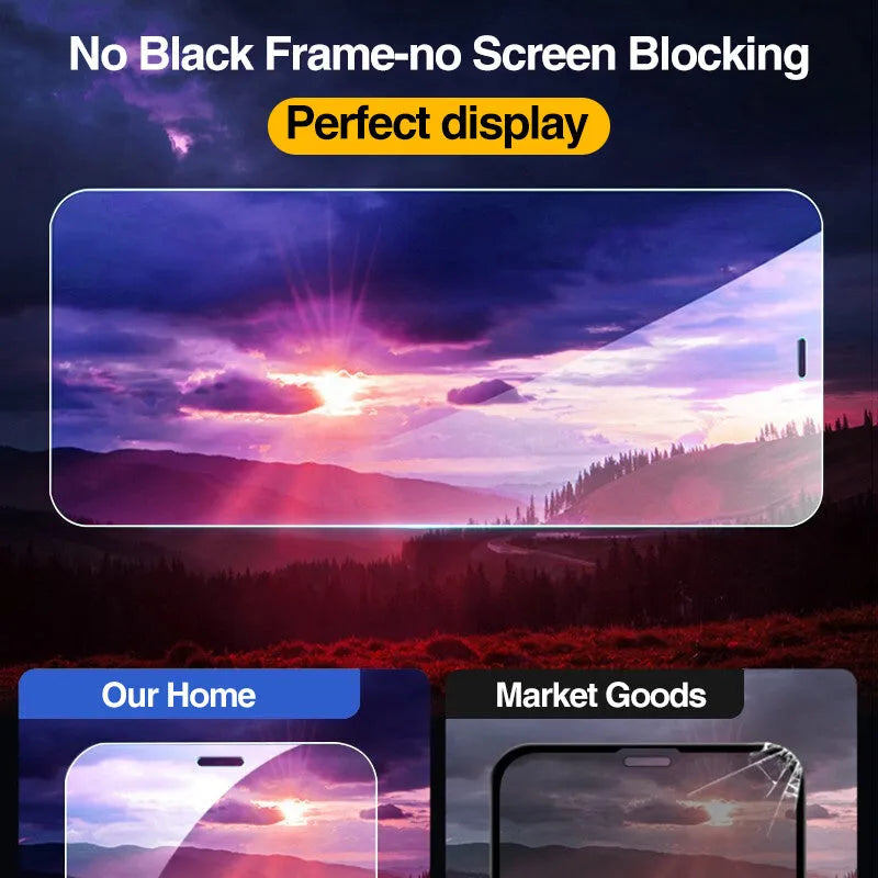 Four transparent tempered glass screen protectors for Apple iPhone models on a clean surface.