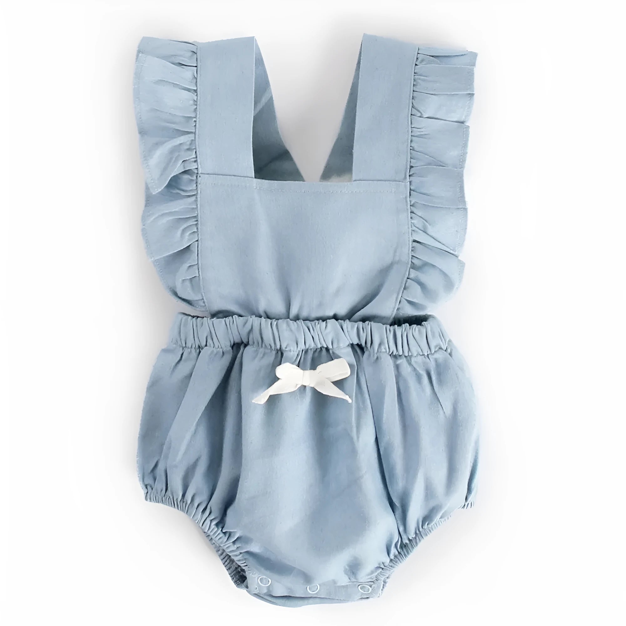 Blue denim sleeveless baby romper with lace detail and triangle neckline on a hanger.