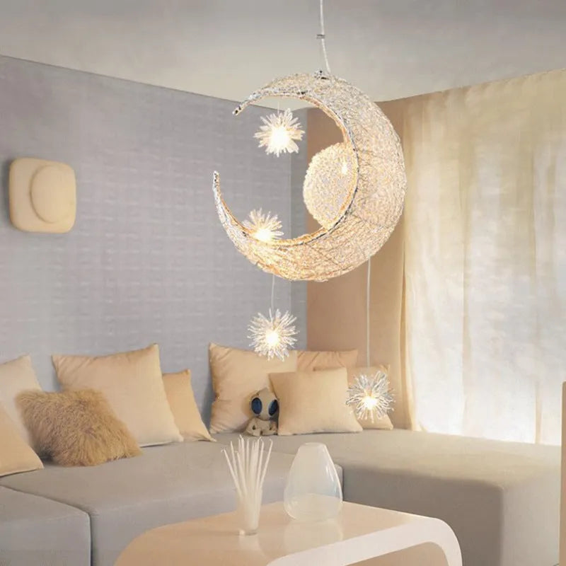 Aluminium wire star moon chandelier with zinc alloy frame and adjustable height
