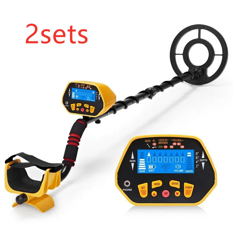 Black and yellow GC1028 professional metal detector with LCD screen and adjustable pole.