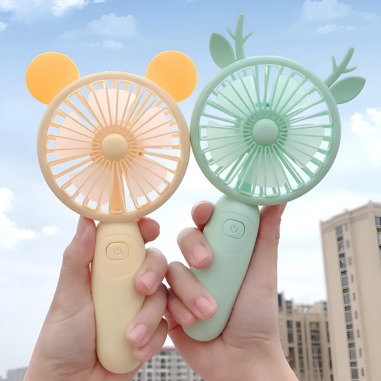 Hand-held mini USB fan in cartoon style with plastic blades, shown in blue colour option
