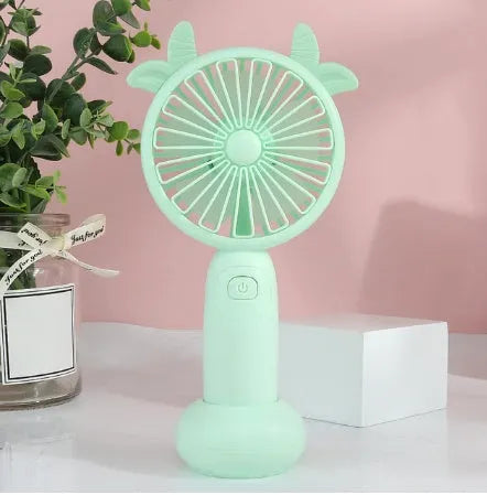 Hand-held mini USB fan in cartoon style with plastic blades, shown in blue colour option