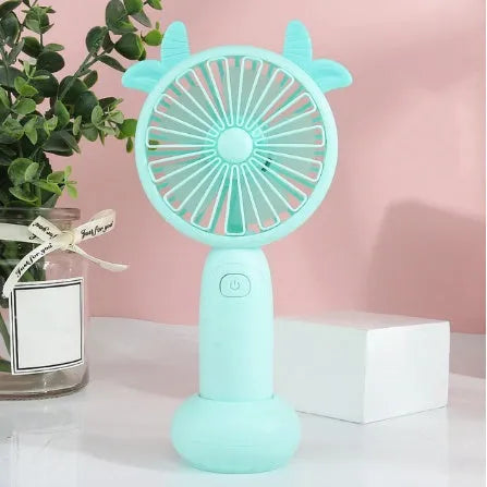 Hand-held mini USB fan in cartoon style with plastic blades, shown in blue colour option