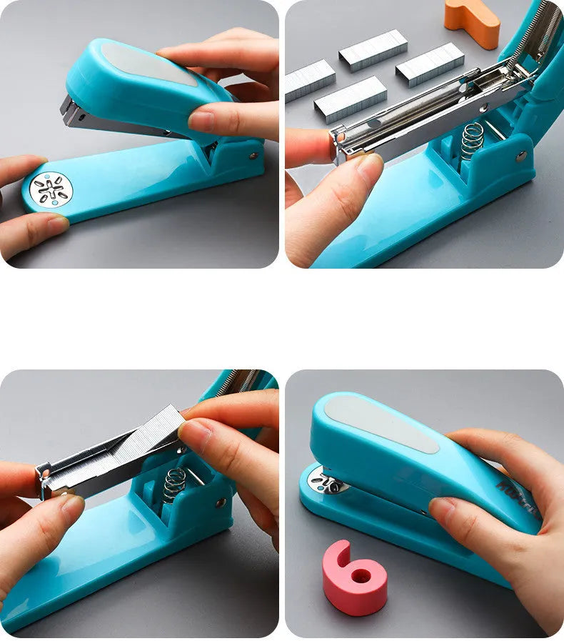 A rotatable student stapler with a 360° spinning head, shown in blue on a desk with papers.