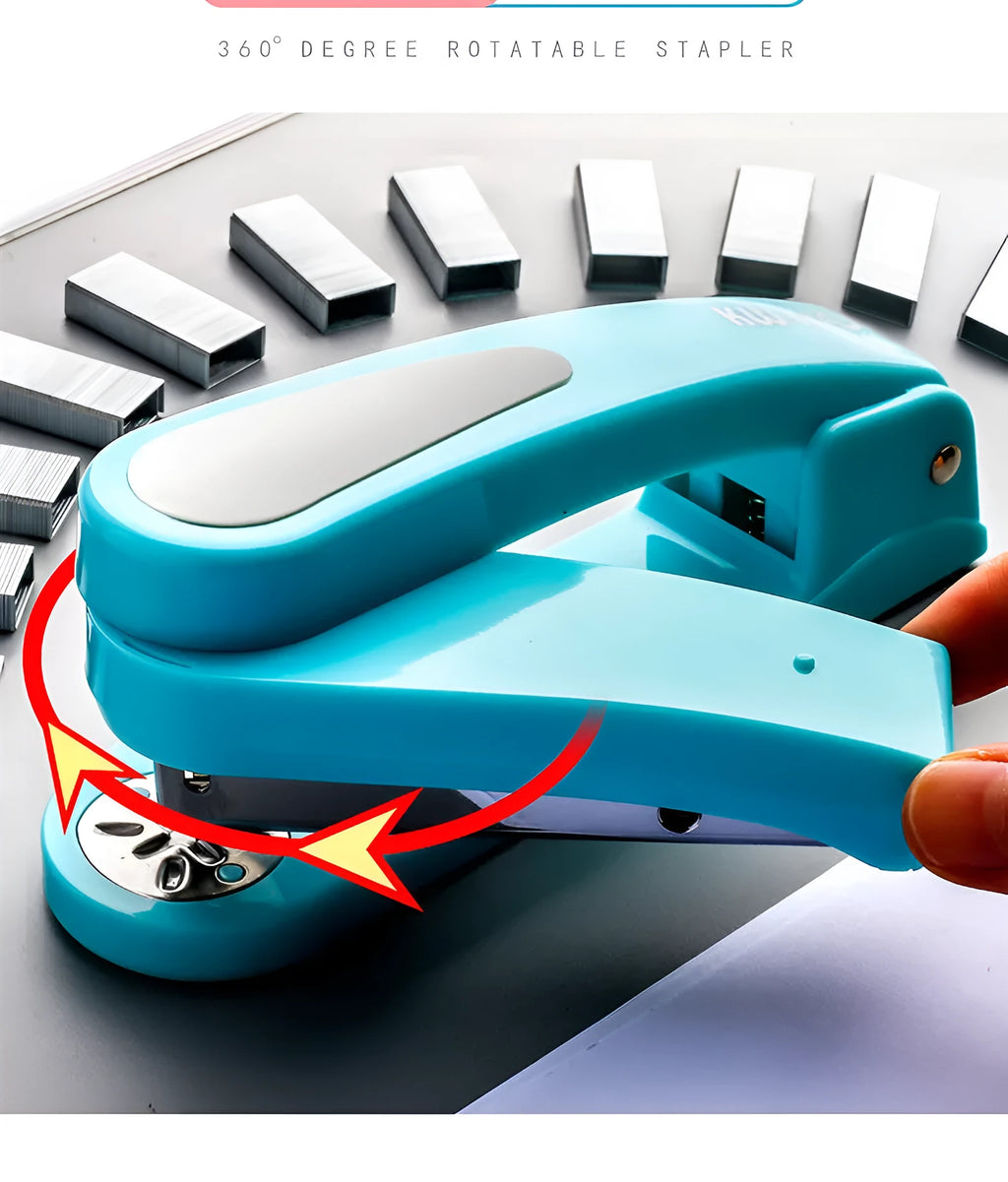 A rotatable student stapler with a 360° spinning head, shown in blue on a desk with papers.