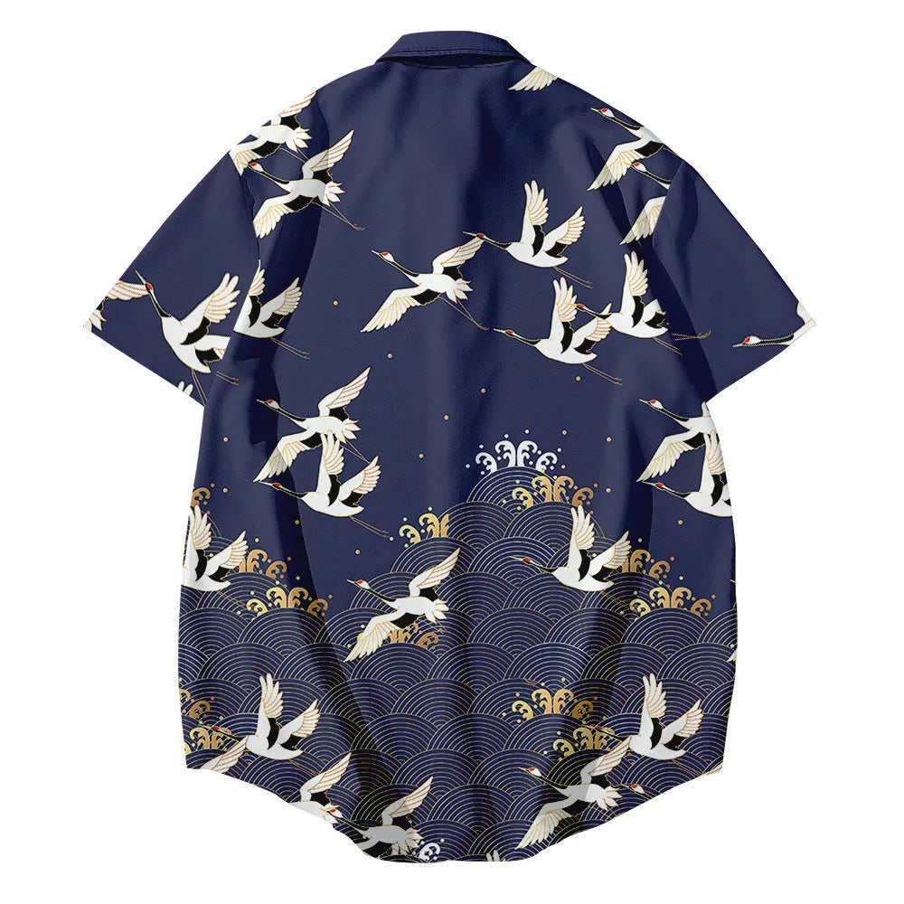 Bebovizix Japanese kimono jacket with crane print on black, loose unisex cardigan style, short sleeves, polyester fabric