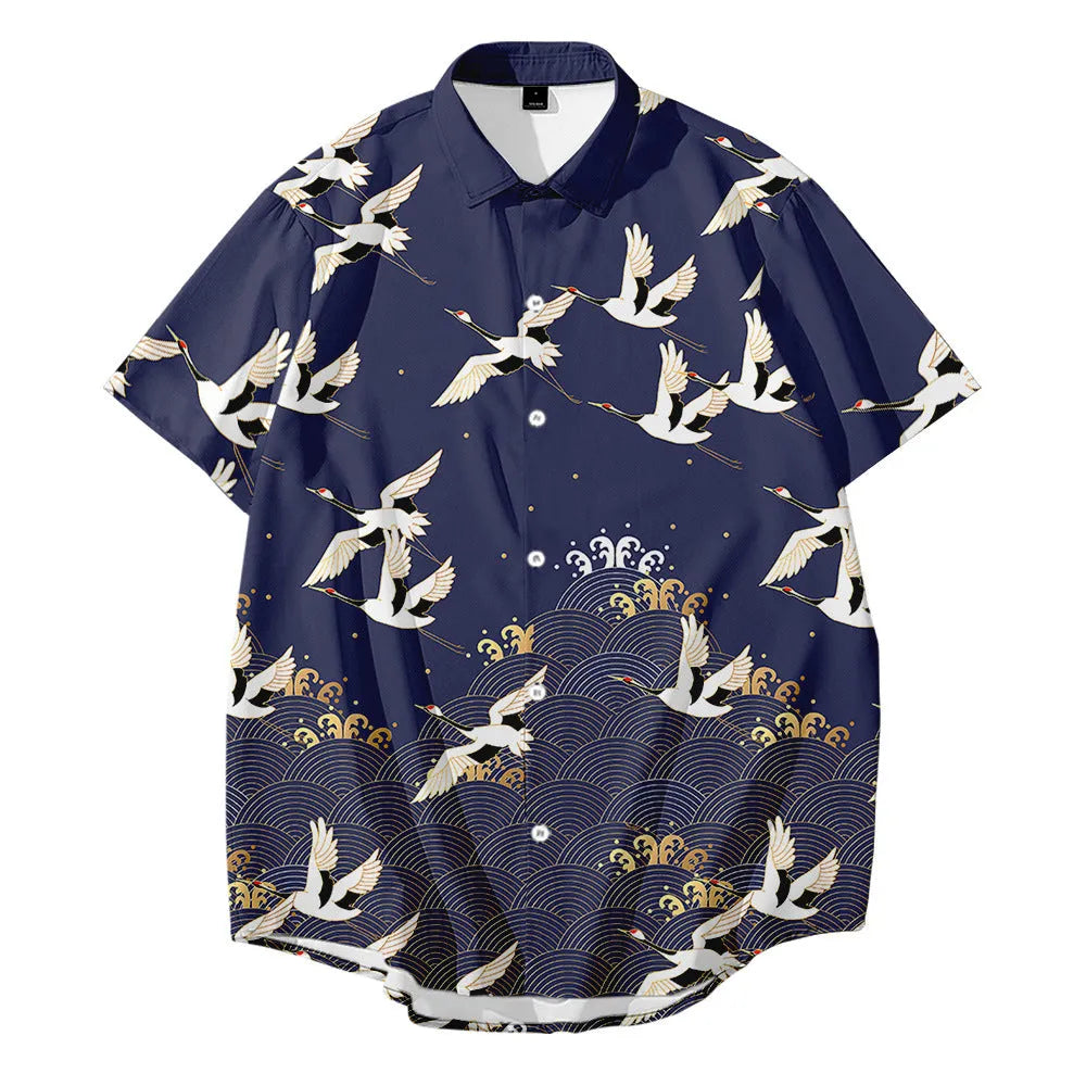 Bebovizix Japanese kimono jacket with crane print on black, loose unisex cardigan style, short sleeves, polyester fabric