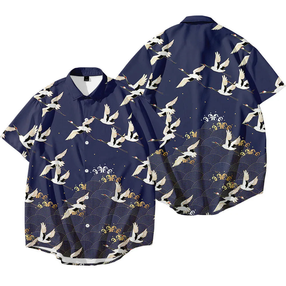 Bebovizix Japanese kimono jacket with crane print on black, loose unisex cardigan style, short sleeves, polyester fabric