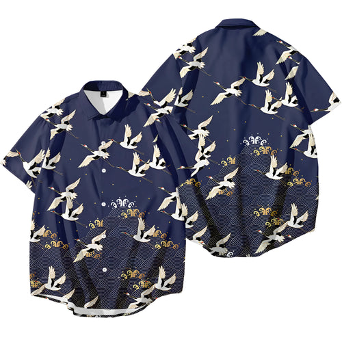 Bebovizix Japanese kimono jacket with crane print on black, loose unisex cardigan style, short sleeves, polyester fabric