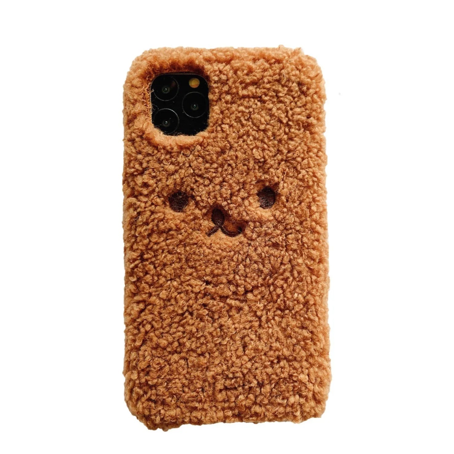 Brown TPU iPhone case with an embroidered plush cartoon bear face on the back.
