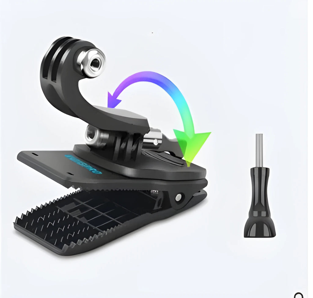 Silver and black rotating backpack clip mount for GoPro and other action cameras showing 360-degree swivel mechanism.
