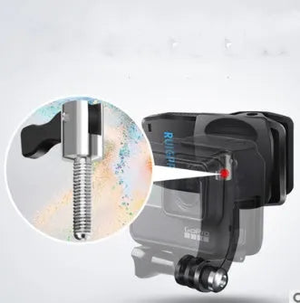 Silver and black rotating backpack clip mount for GoPro and other action cameras showing 360-degree swivel mechanism.