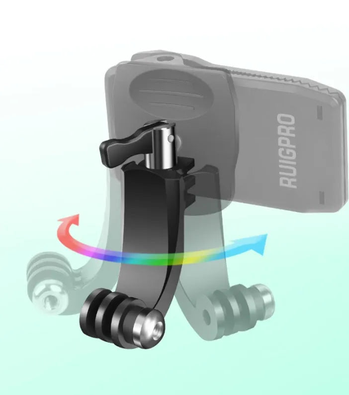 Silver and black rotating backpack clip mount for GoPro and other action cameras showing 360-degree swivel mechanism.