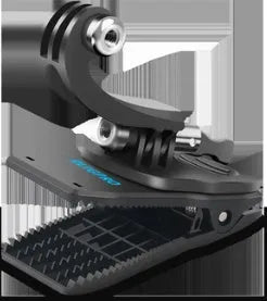 Silver and black rotating backpack clip mount for GoPro and other action cameras showing 360-degree swivel mechanism.