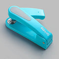 A rotatable student stapler with a 360° spinning head, shown in blue on a desk with papers.
