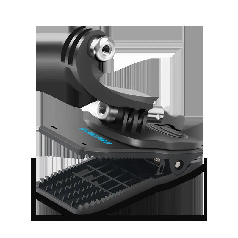 Silver and black rotating backpack clip mount for GoPro and other action cameras showing 360-degree swivel mechanism.