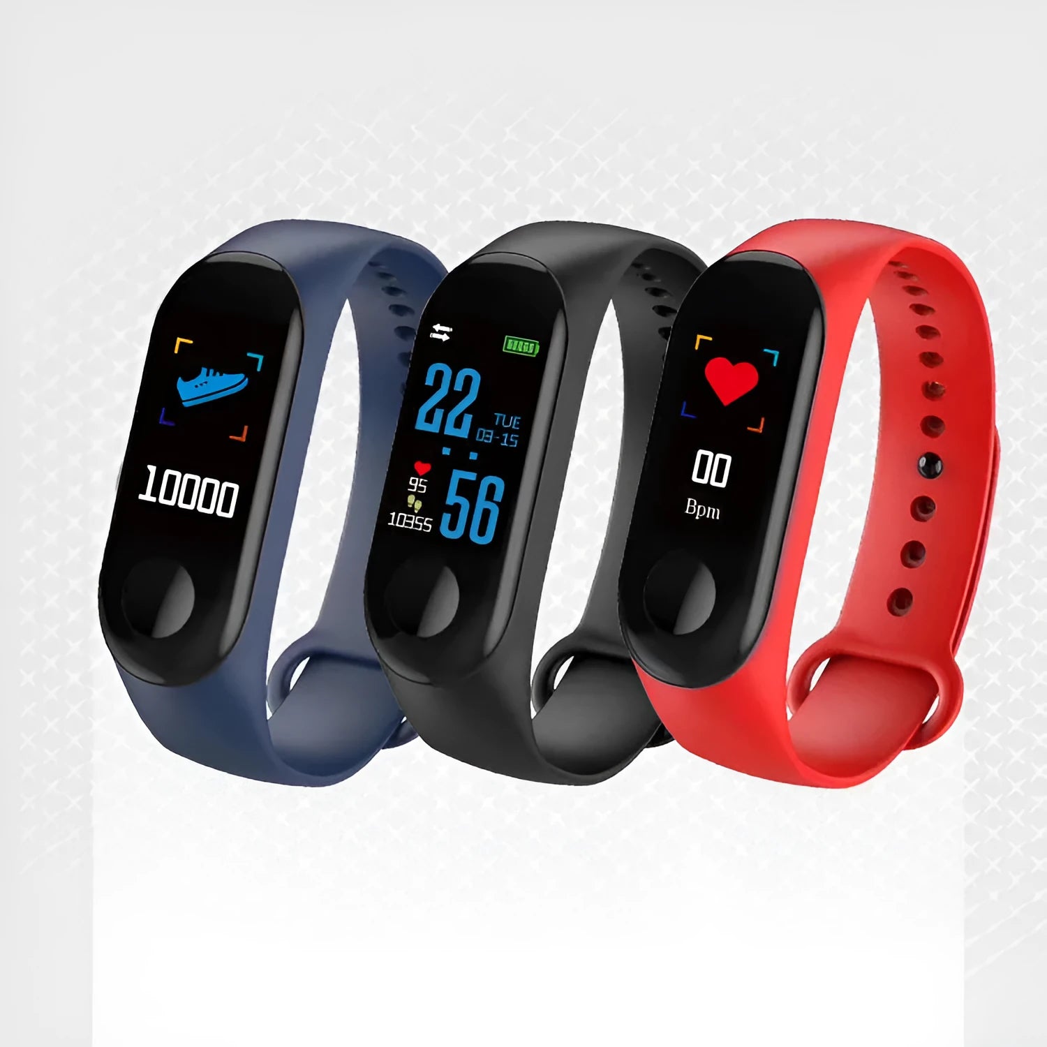 M3 smart bracelet with colour screen showing fitness stats on a black TPE wristband.