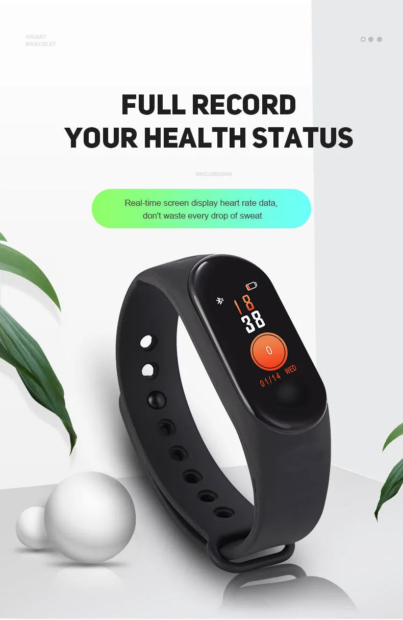 M3 Smart Bracelet in black, red or blue with 0.96 inch colour screen and TPE wristband on wrist
