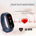 M3 smart bracelet with colour screen showing fitness stats on a black TPE wristband.