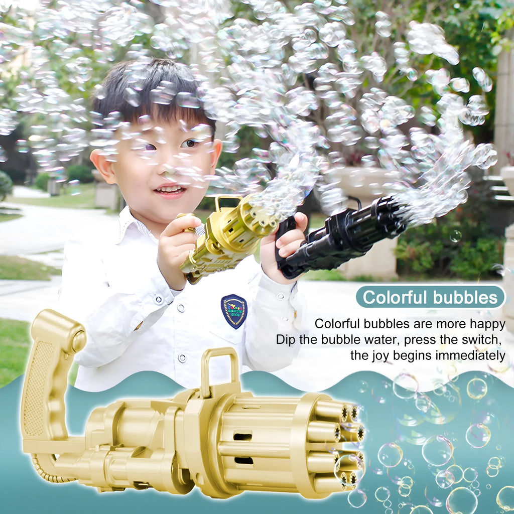 Children's ABS plastic bubble gun machine in pink with trigger and bubble head, used as a toy for outdoor parties