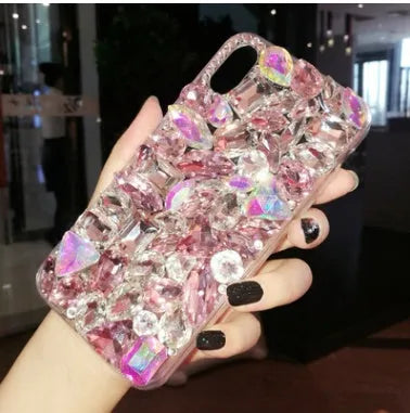 Clear TPU iPhone case with decorative rhinestones on back cover showing black colour option