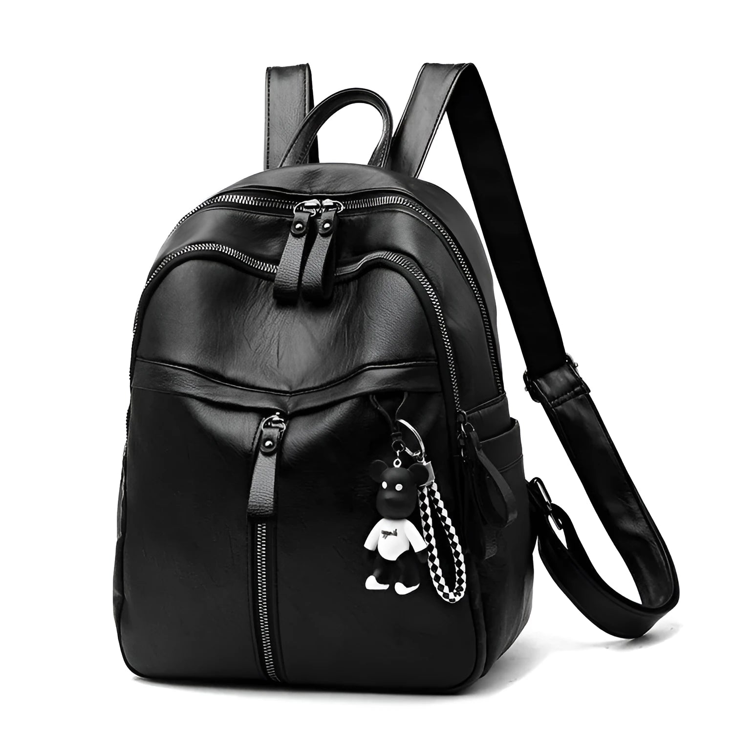 Black Pu leather soft surface backpack with double straps and a zippered opening.