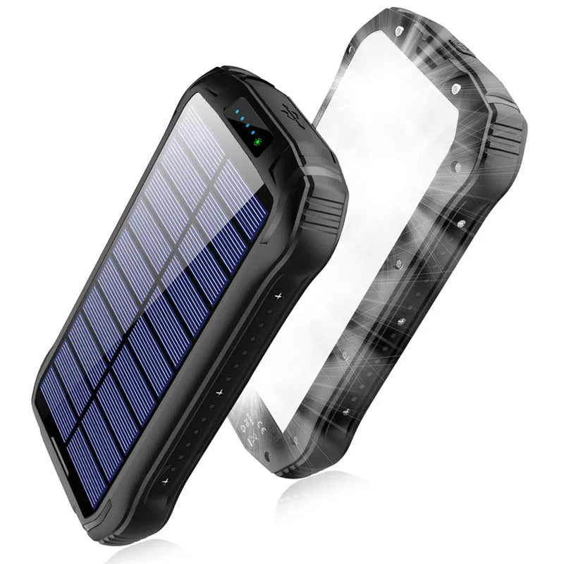 Orange solar power bank with camping light showing charging ports and solar panel