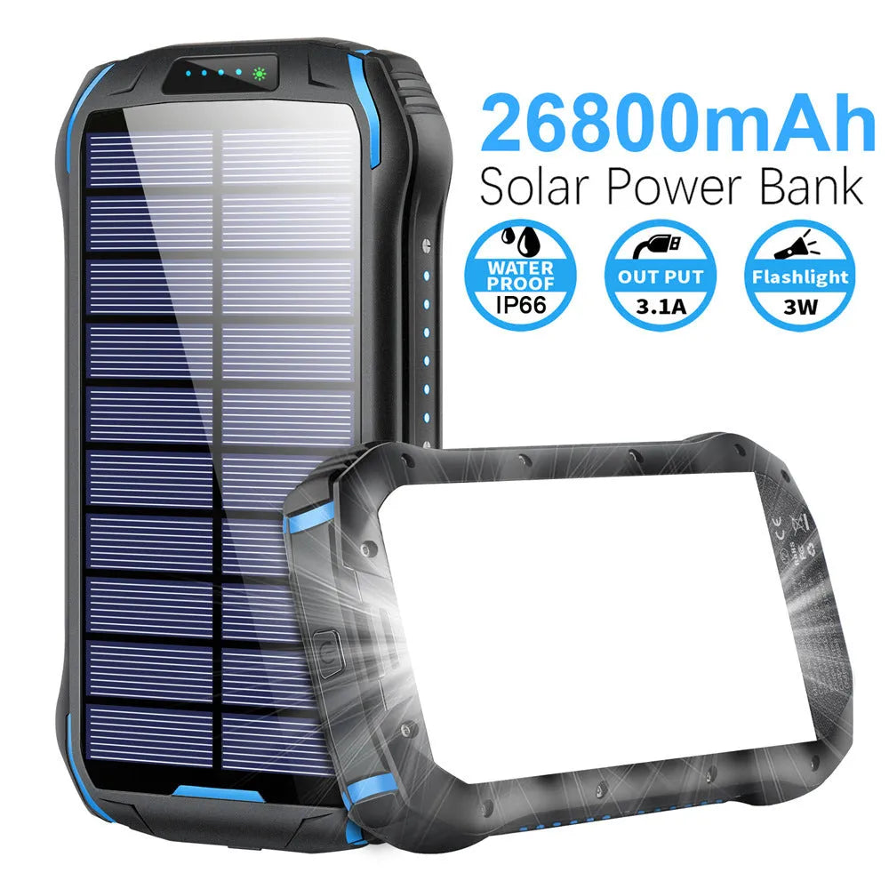 Orange solar power bank with camping light showing charging ports and solar panel