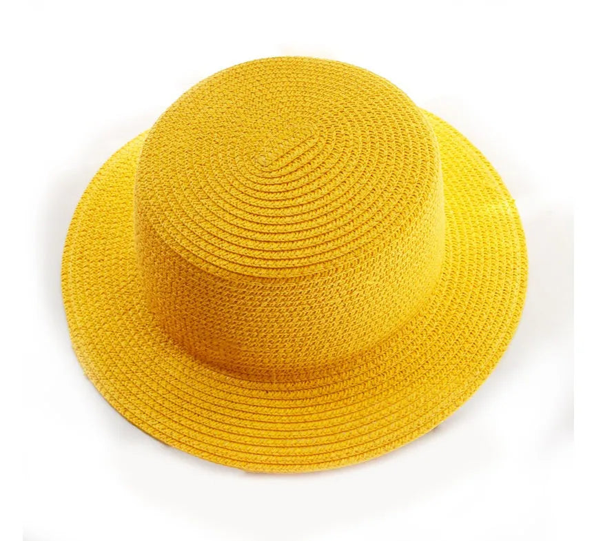 Lightweight foldable straw sun hat with wide brim, flat top, monochrome colour, for adults and children outdoor use