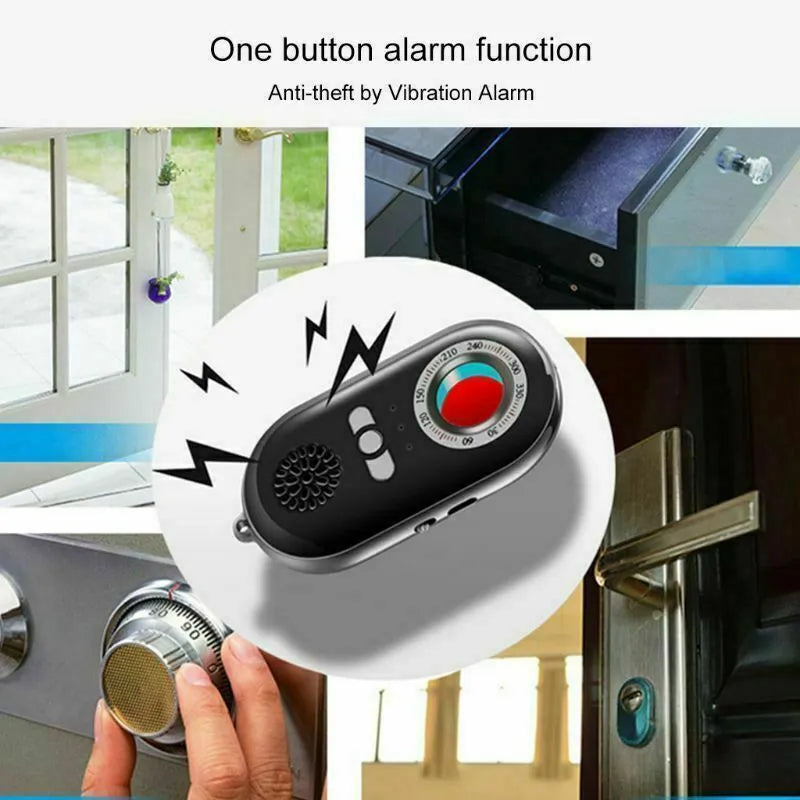 Compact black wireless vibration detector alarm with dimensions 85mm by 40mm.