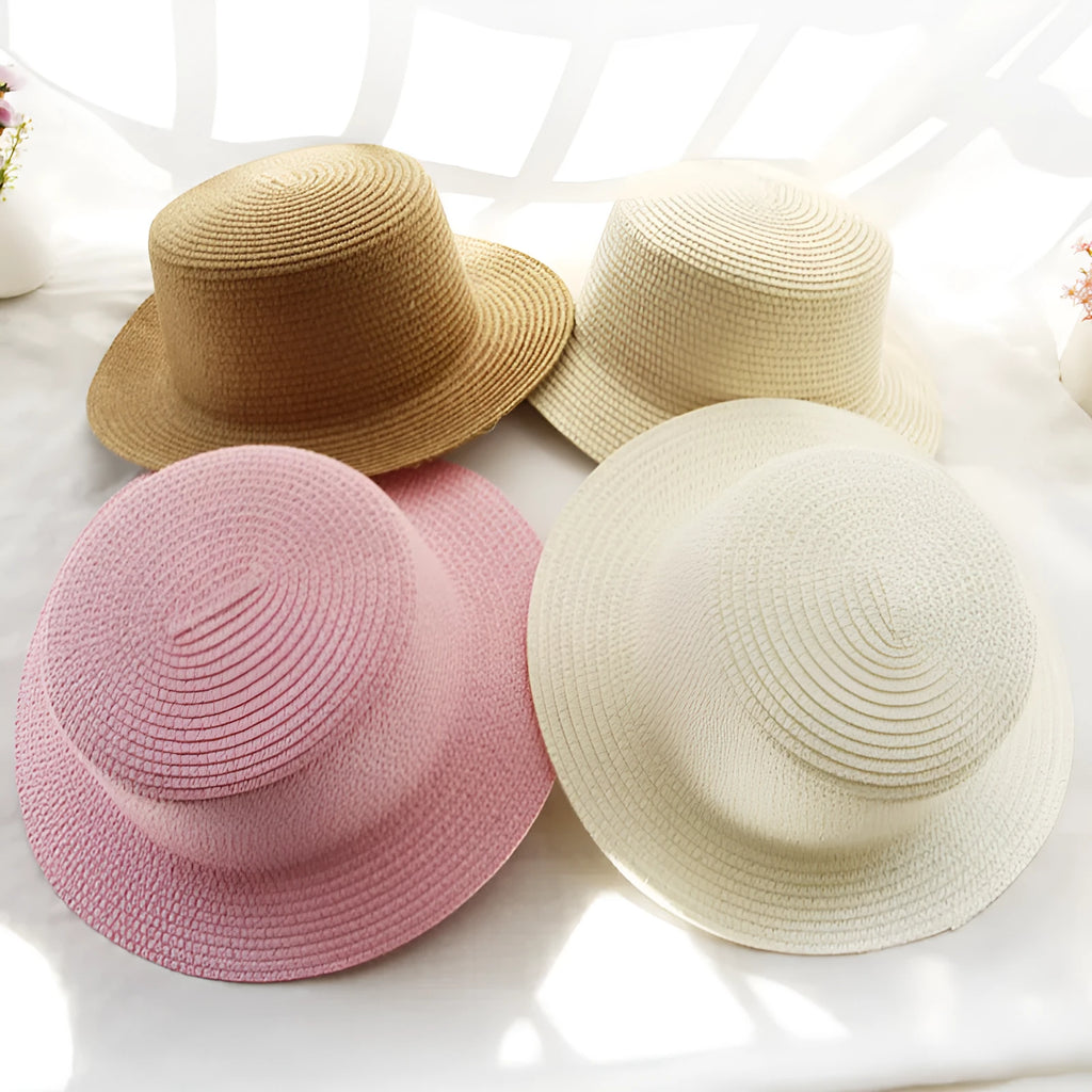 Lightweight foldable straw sun hat with wide brim, flat top, monochrome colour, for adults and children outdoor use