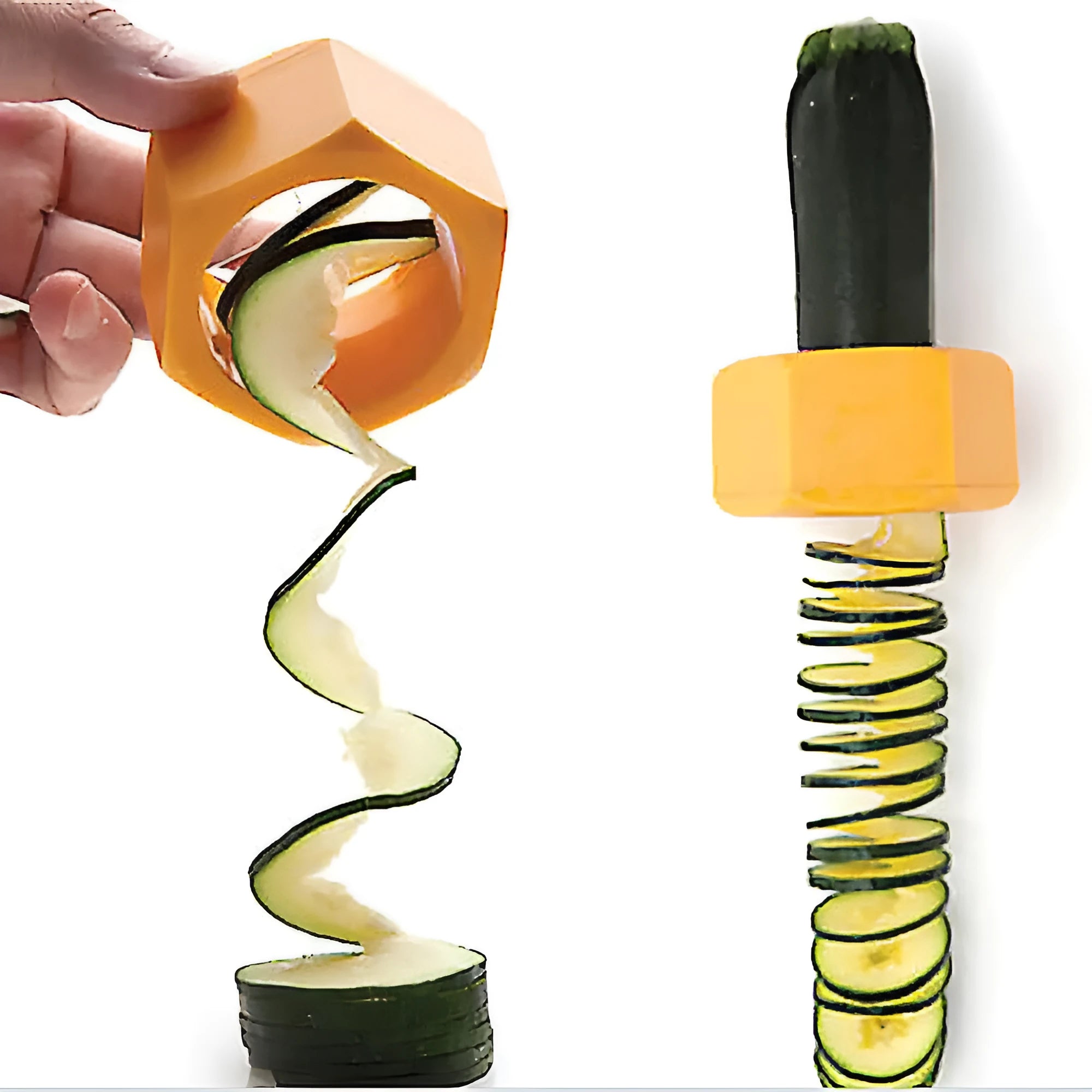 Yellow and green plastic spiral vegetable cutter for cucumbers on a kitchen counter.