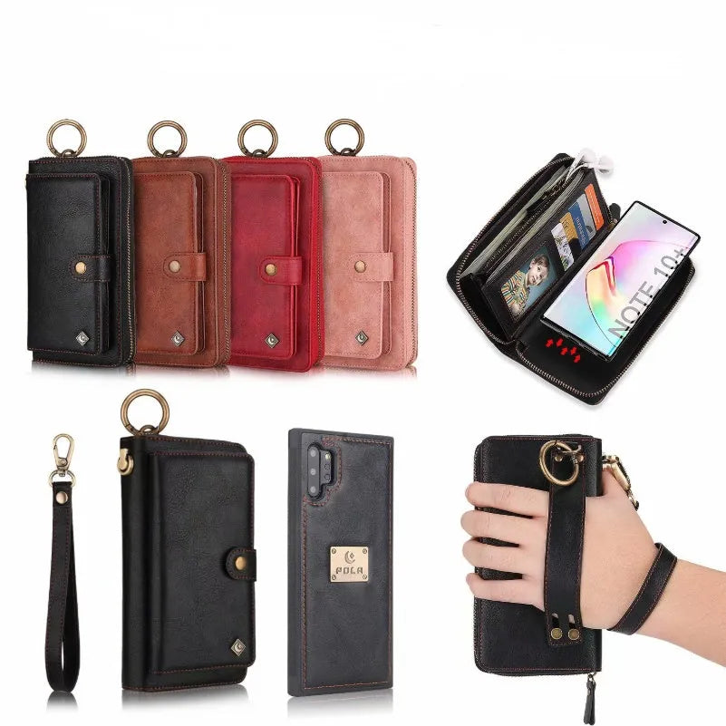 Black PU leather mobile phone case with a zip-around wallet compartment open, showing card slots.