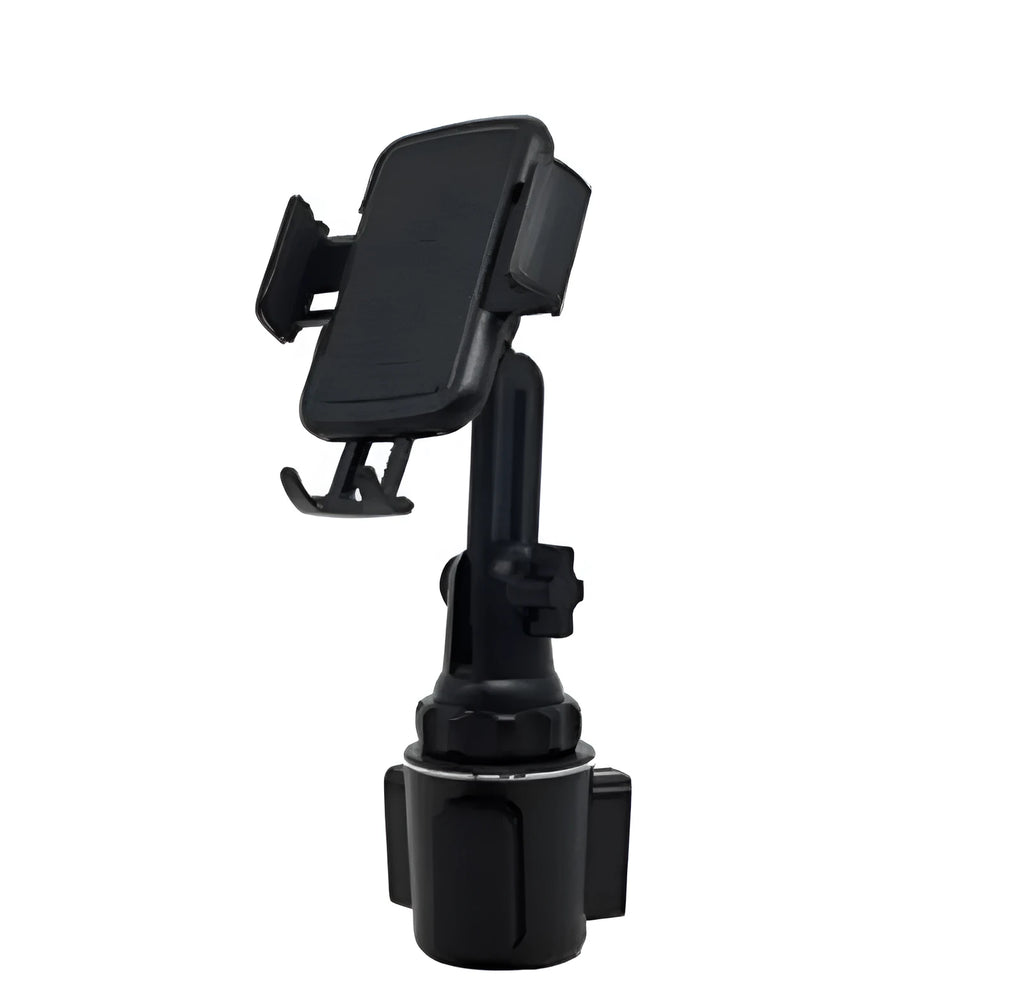 Black ABS car phone holder with 360-degree rotating head and adjustable height on a car dashboard.