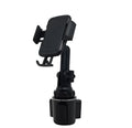 Black ABS car phone holder with 360-degree rotating head and adjustable height on a car dashboard.