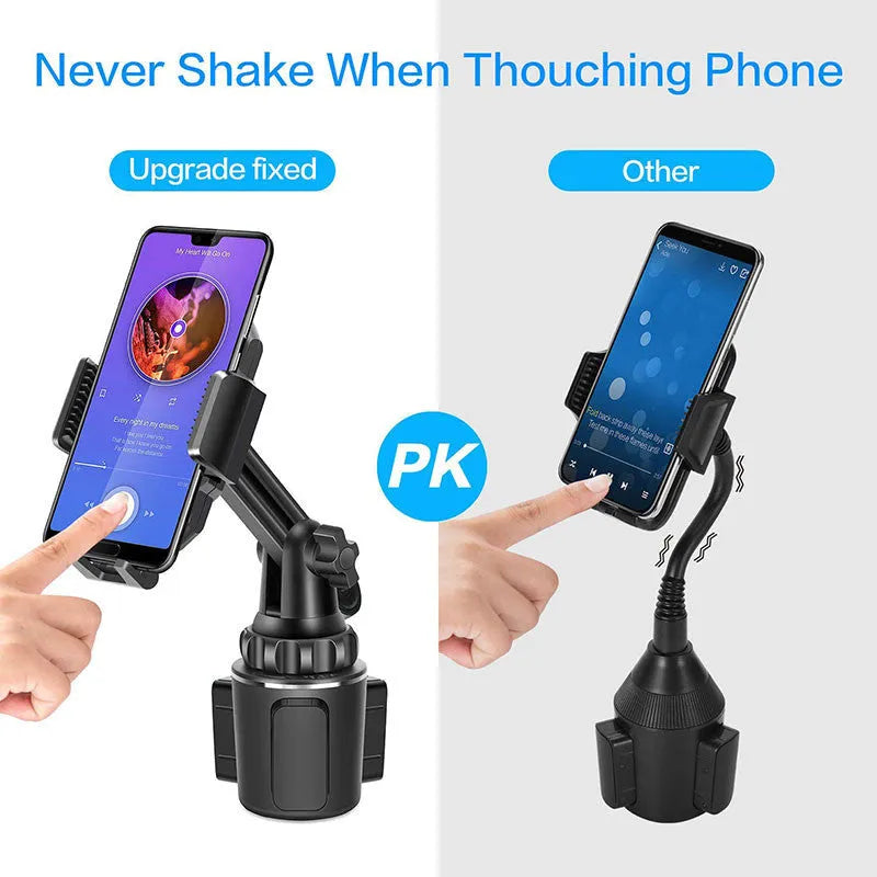 Black ABS car phone holder with 360-degree rotating head and adjustable height on a car dashboard.