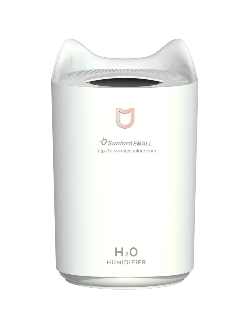 Coral Pink double spray humidifier with three fog outlets and USB cable.