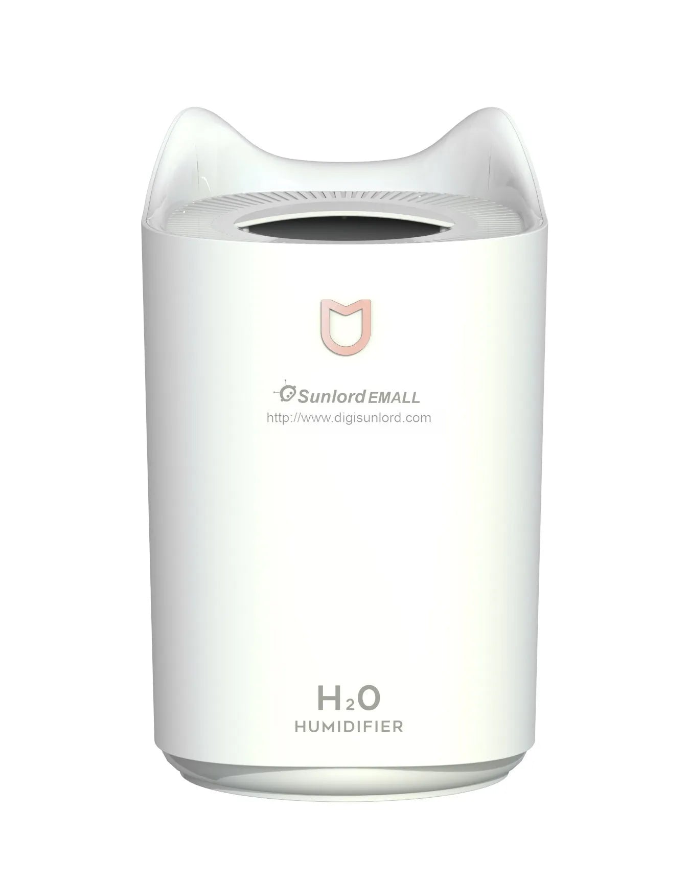 Coral Pink double spray humidifier with three fog outlets and USB cable.