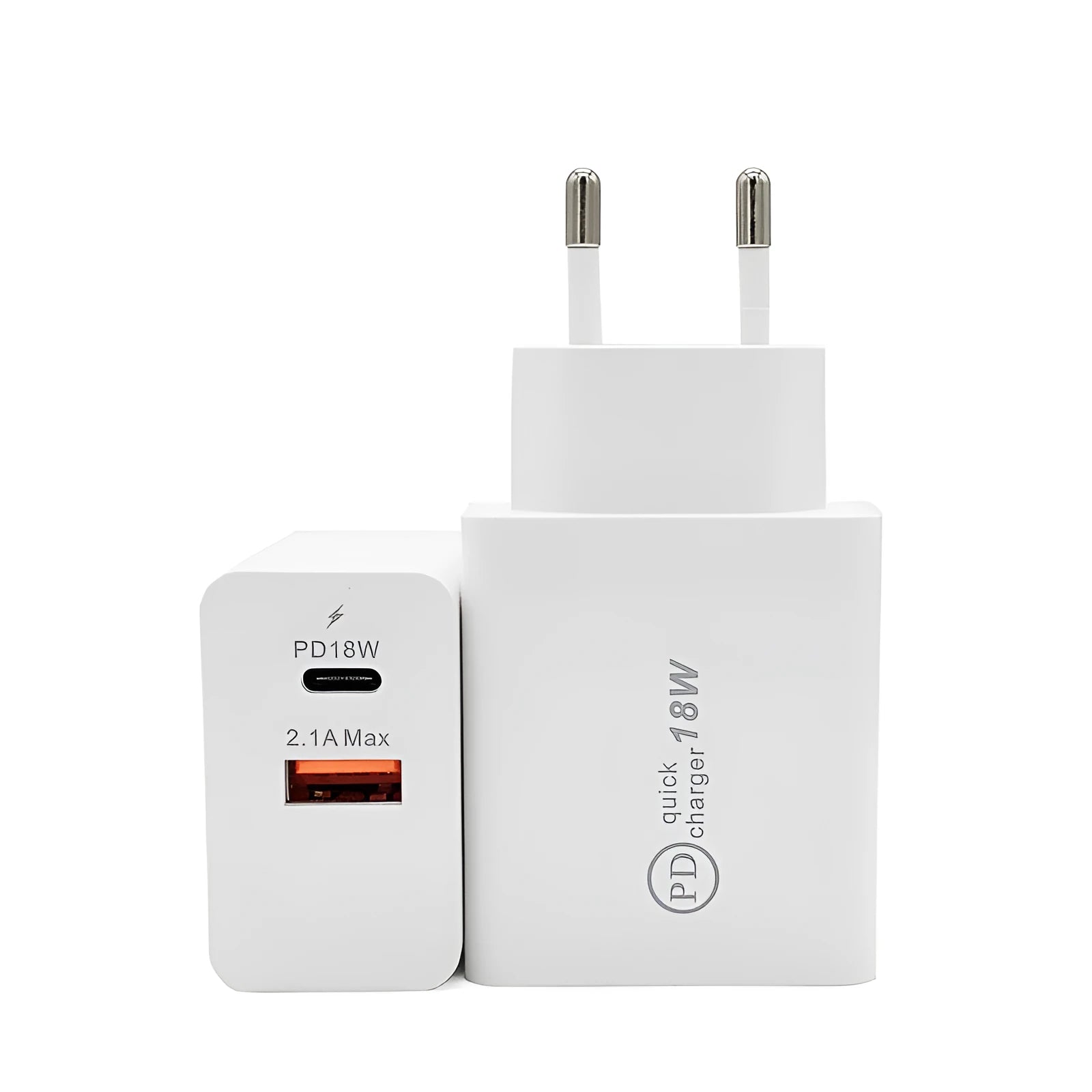 18W USB-C fast charger with US plug in black and white colour options.