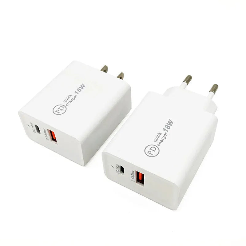 18W USB-C fast charger with US plug in black and white colour options.