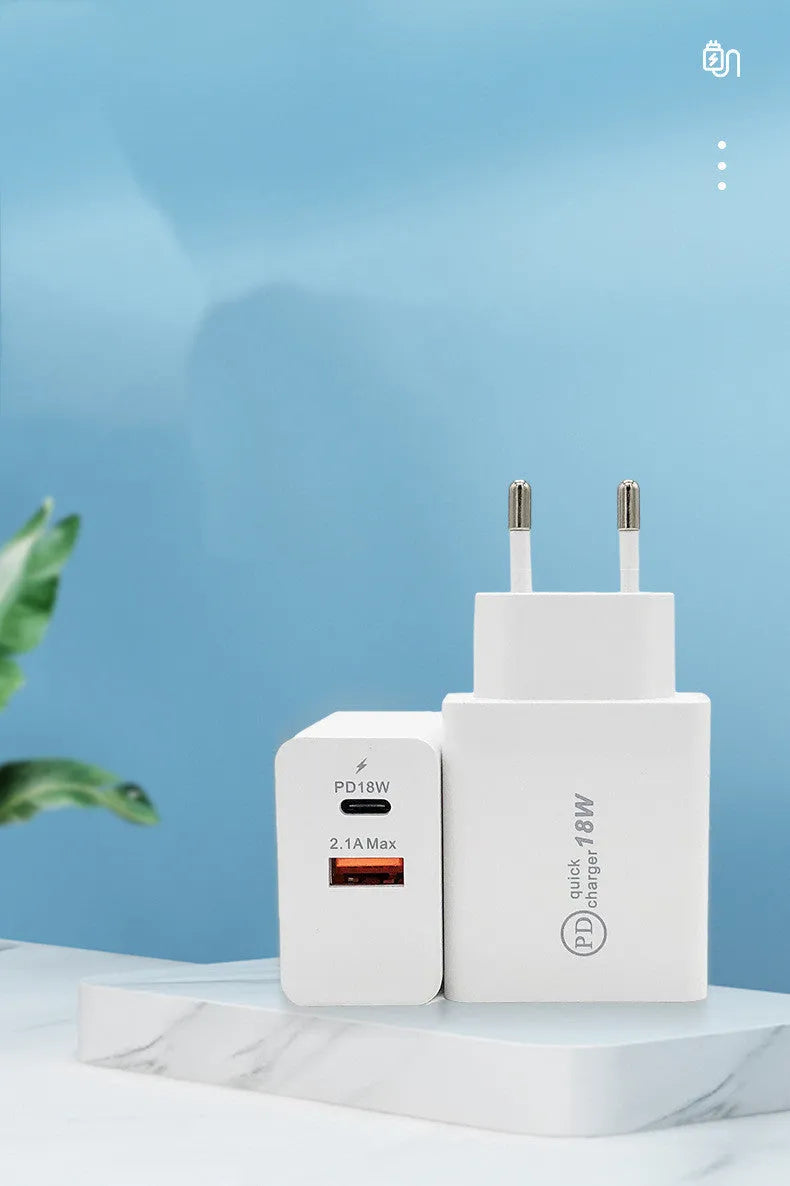 18W USB-C fast charger with US plug in black and white colour options.