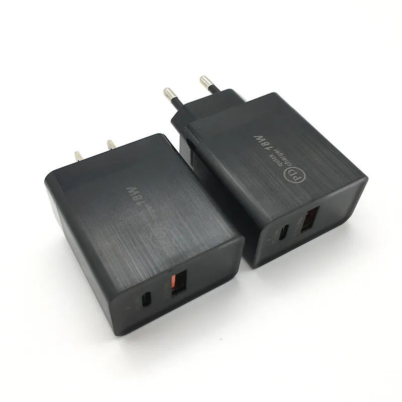 18W USB-C fast charger with US plug in black and white colour options.
