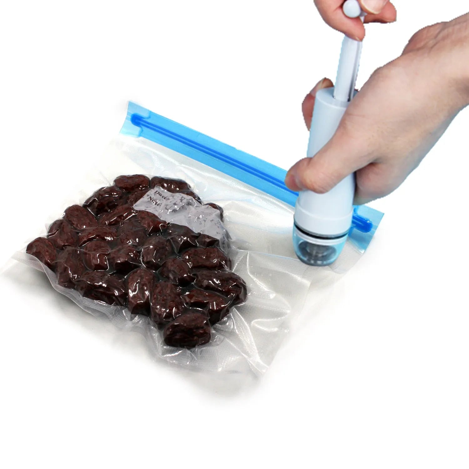 Manual vacuum compression bag with built-in pump in green and grey colours for clothing storage