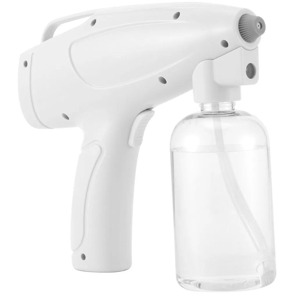 White handheld cordless electric disinfectant spray gun with bottle attached on a white background.