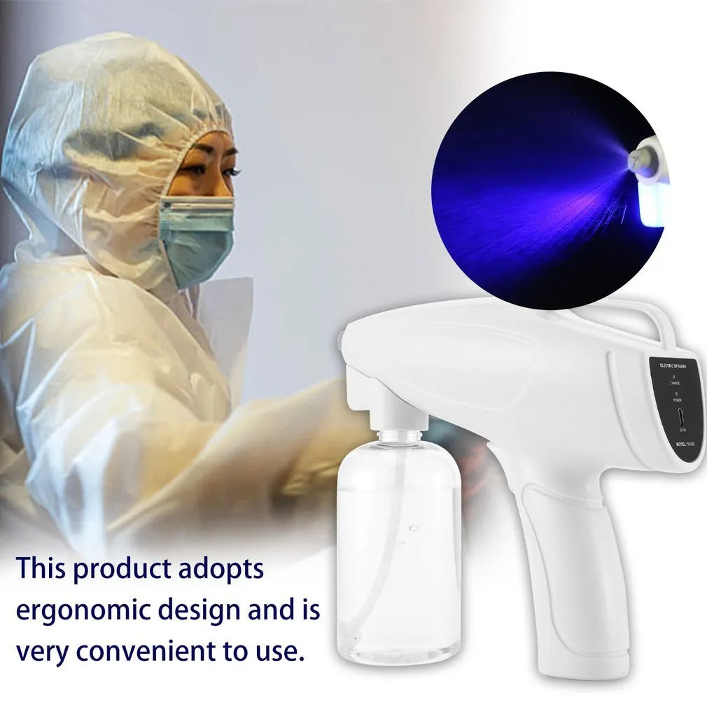 White handheld cordless electric disinfectant spray gun with bottle attached on a white background.
