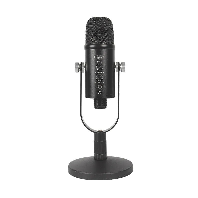 Black BM-86PRO USB condenser microphone on a metal stand with a sponge cover.