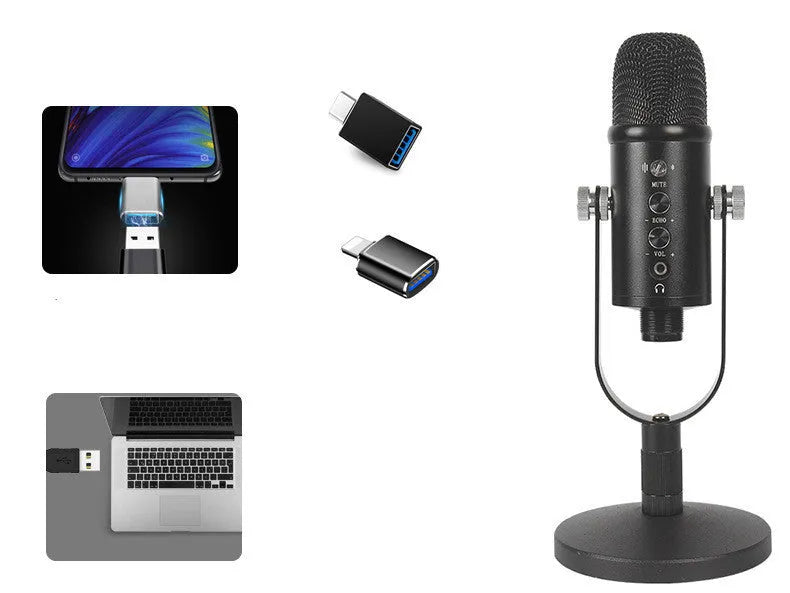 Black BM-86PRO USB condenser microphone on a metal stand with a sponge cover.