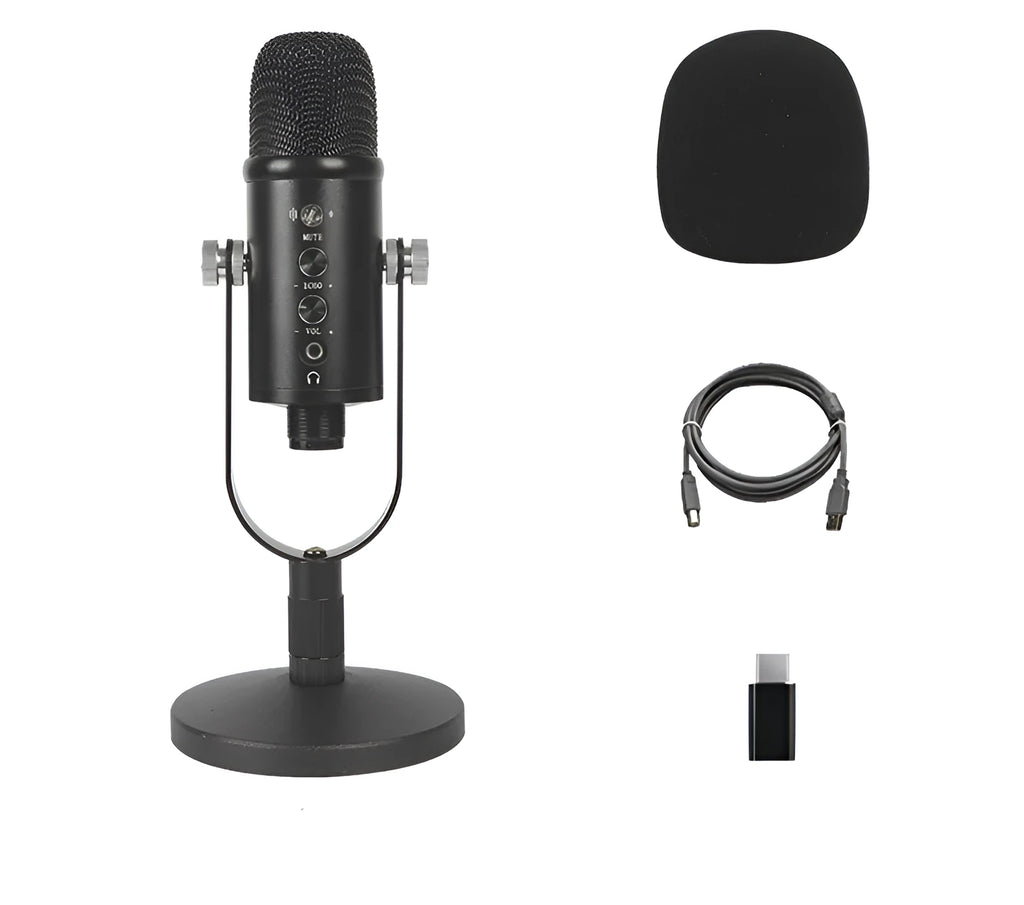Black BM-86PRO USB condenser microphone on a metal stand with a sponge cover.