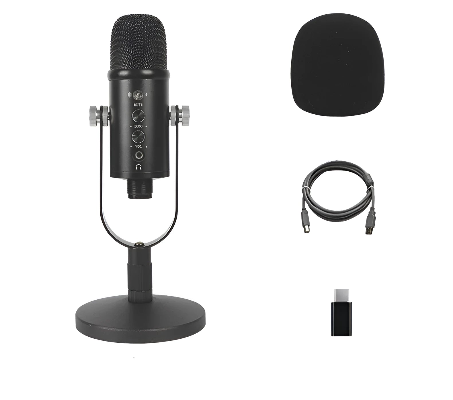 Black BM-86PRO USB condenser microphone on a metal stand with a sponge cover.